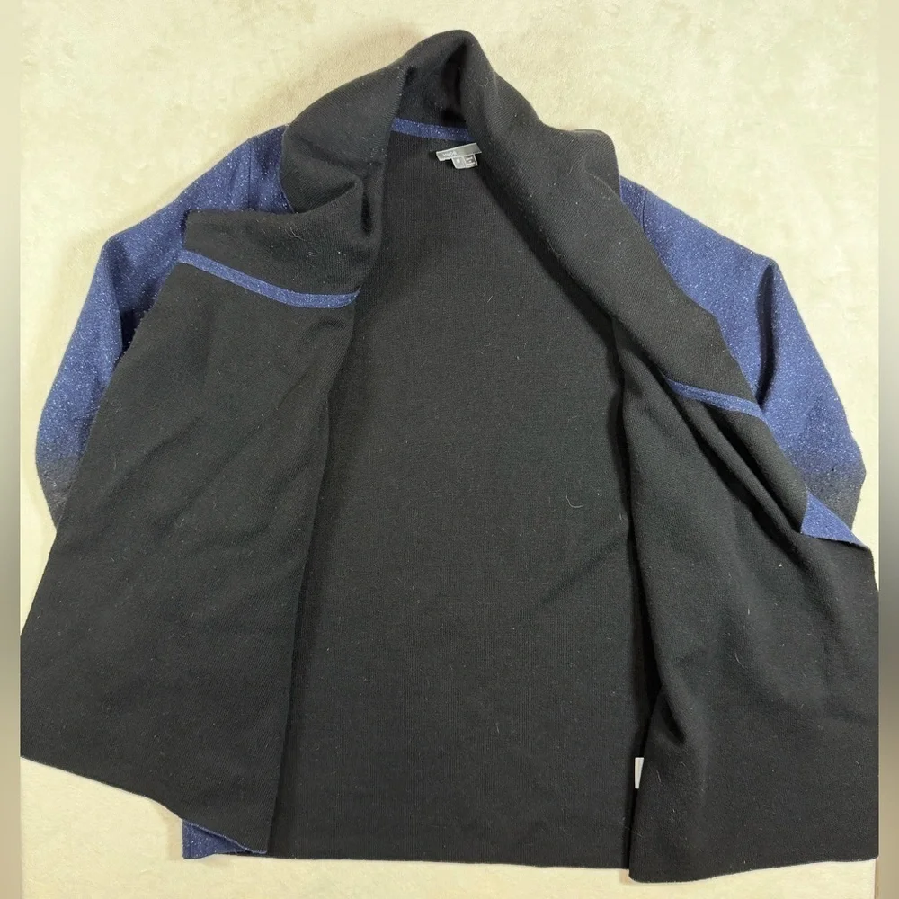 Vince Size Medium Wool Cashmere Blend Navy and Black Open Cardigan With Leather